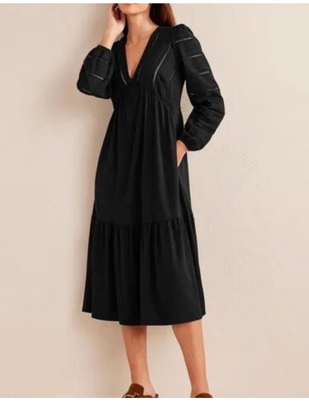 Boden Womens Woven Mix Midi Dress Size 16/18 Black Puff Sleeve